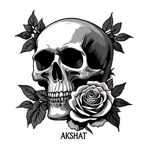 Skull With Rose In Its Mouth And Skull Have Name Akshat Graves On It