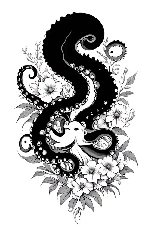 Octopus Fighting Medusa Surrounded With Flowers And Foliage