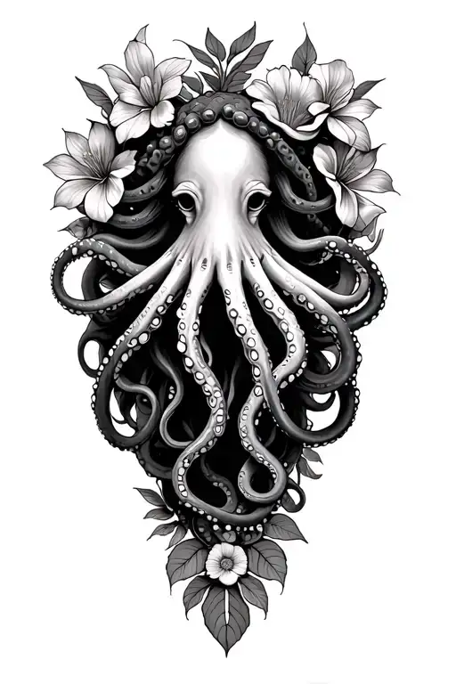 Octopus Holding Medusa Surrounded With Flowers And Foliage