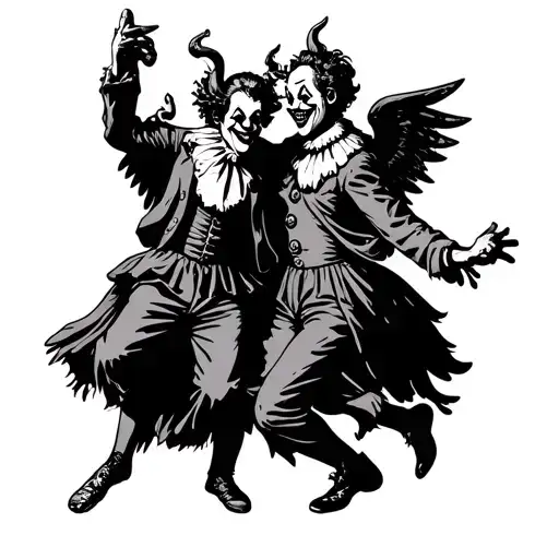 2 Vinatge Clowns Dancing One Devil One Angel Wings