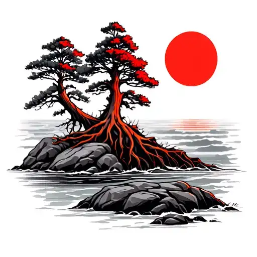 3 Red Wood Trees With Roots Climbing Down Rocks Next To The Ocean With The Sun Shining Above