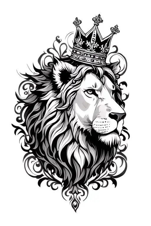 Loin With Crown And Filigree Background