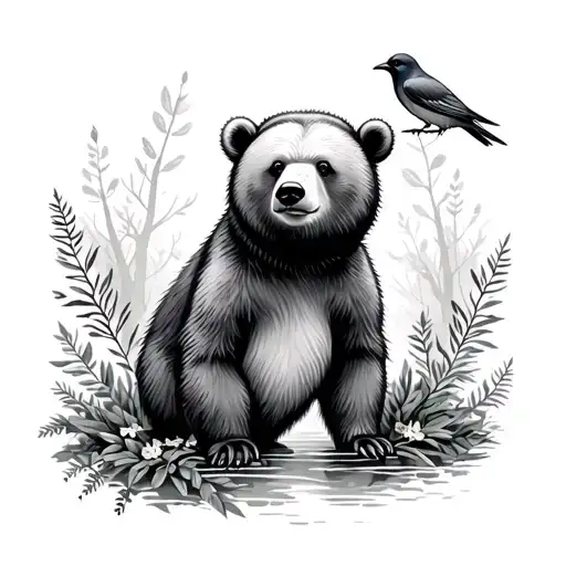 Baby Bear And Bird In Forest