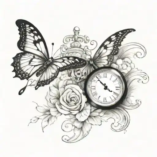 Two Butterfly With Clock And Placeholder For Two Names