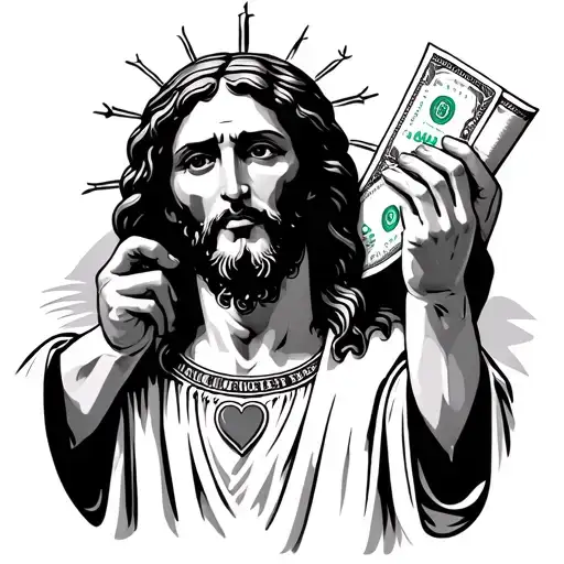 Jesus Christ With Hands Holding A Roll Of Money And A Heart