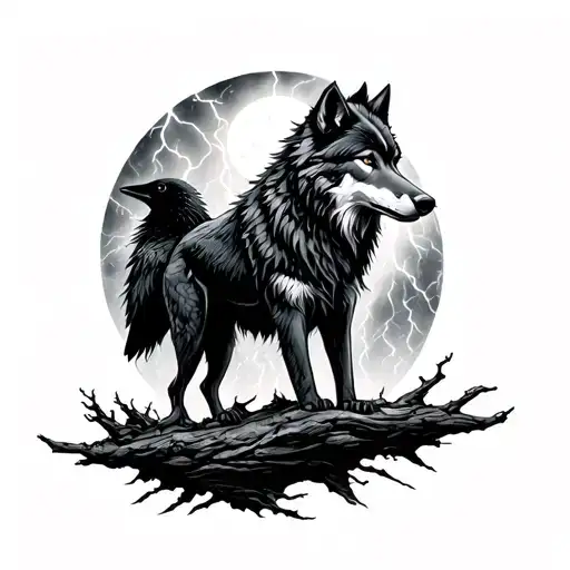 Huginn & Muninn Thunderstorm Forest Distant Wolf
