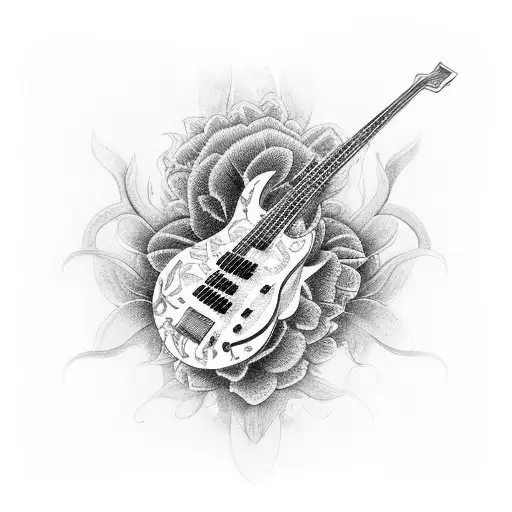 A Detailed Black And Grey Tattoo Of A Bass Guitar Surrounded By Intricate Floral Patterns