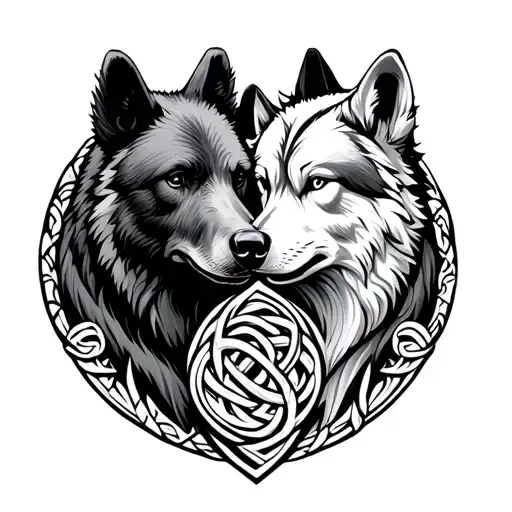 Bear And Wolf Heads Yin Yang Celtic Knot Intertwined