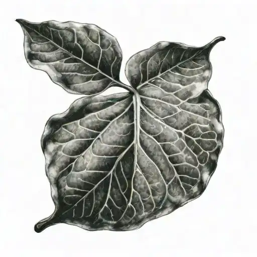 A Realistic Black-grey Tattoo Of A Peepal Plant Leaf With Fine Details And Textures