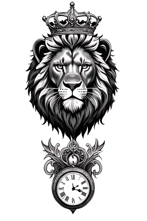 Realistic Lion With Crown And Clock On Bottom