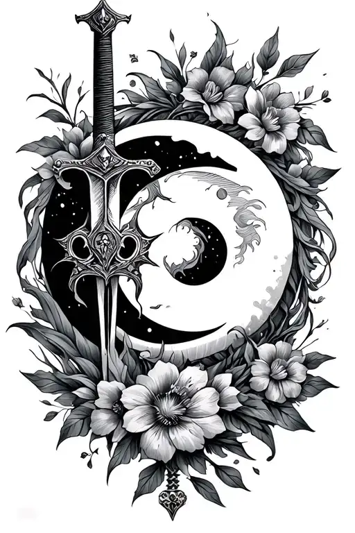 Sun And Moon With Sword And Flowers