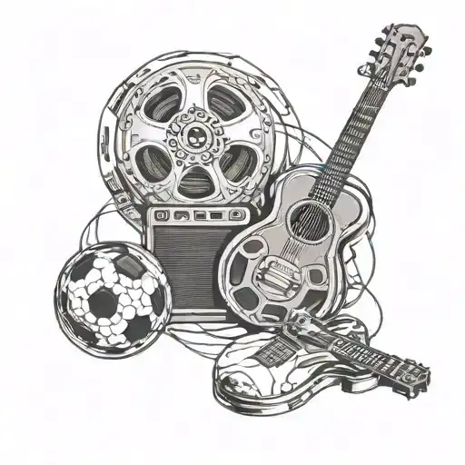 A Movie Reel With Football And Guitar Motifs Intertwined