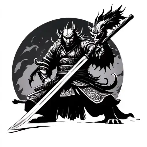 Samurai With A Katana Cutting Demon In Black And White Style And In The Style Of The Seventies