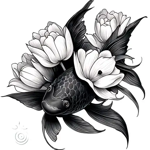 Koi Fish With Tulips Black