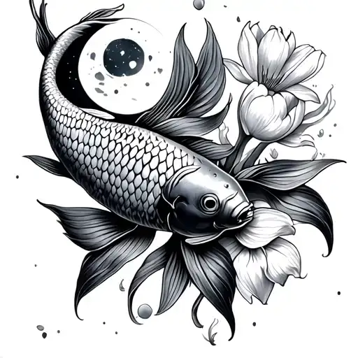 Koi Fishes At Night With Moon And Tulips