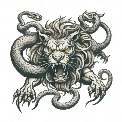 Demons Fighting Lion Surrounded By Snakes