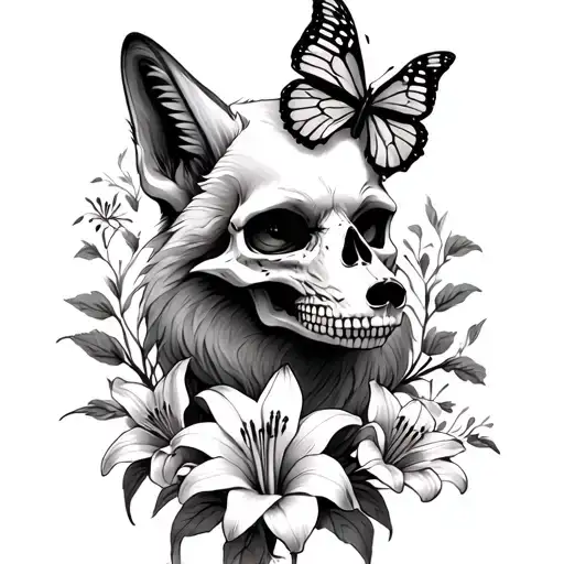 Skull Fox And Lilies With Butterflies
