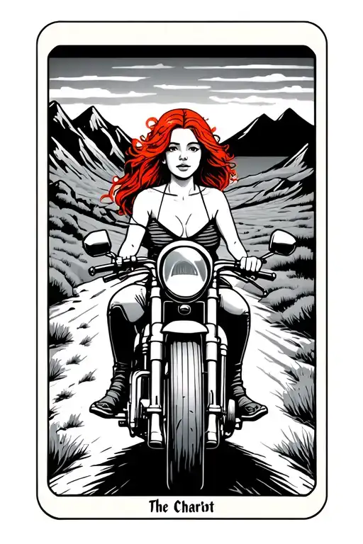 The Chariot Tarot Card Red Head Girl On Motorbike Driving Into Sunset With Mountains In Background