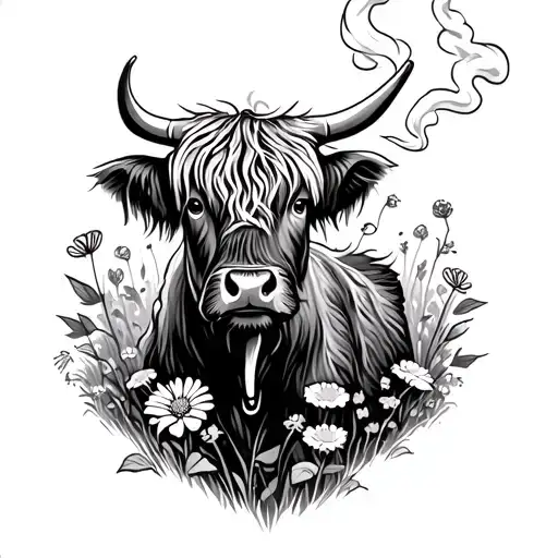 Highland Cow In Field Of Flowers Smoking A Blunt