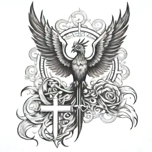 Phoenix Rising From Flames And Cross