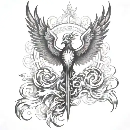 Phoenix Rising From Flames And Cross