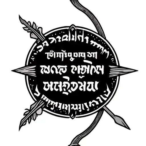 Right Forearm Arm Band Lines Designed A Bow And Arrow In Middle With Sanskrit Quote Written In It