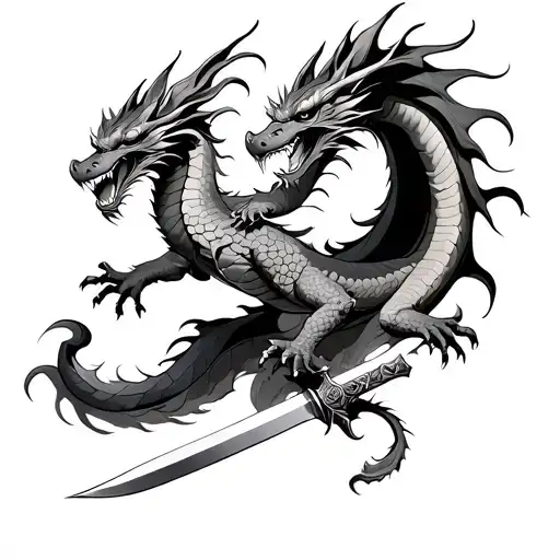 Samuraj Sworde Dragon Flying Around The Sworde And Jing And Jang