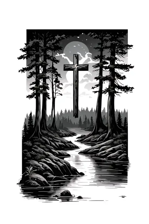 Forest With Cross And River