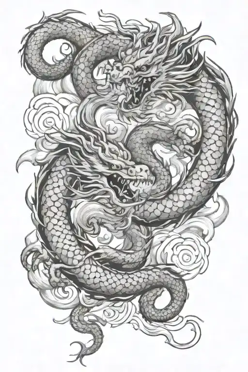 A Tattoo Of 2 Chinese Dragons Circling Eachother With Smoke Swirling Around Them
