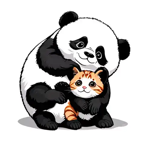 Big Panda And Little Panda With A Ginger Cat Playing