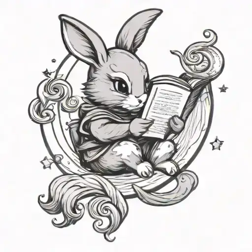 Cute Chibi Rabbit Reading A Book While Sitting On A Crescent Moon
