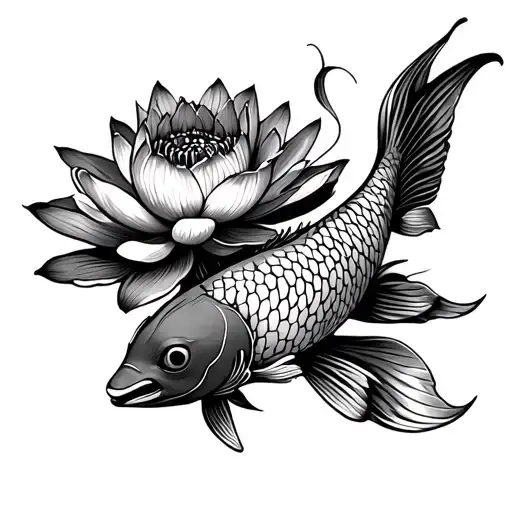 Koi Fish And Lotus Flower Blooming