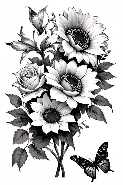 Various Flowers Sunflowers Rose Lily And Butterflies