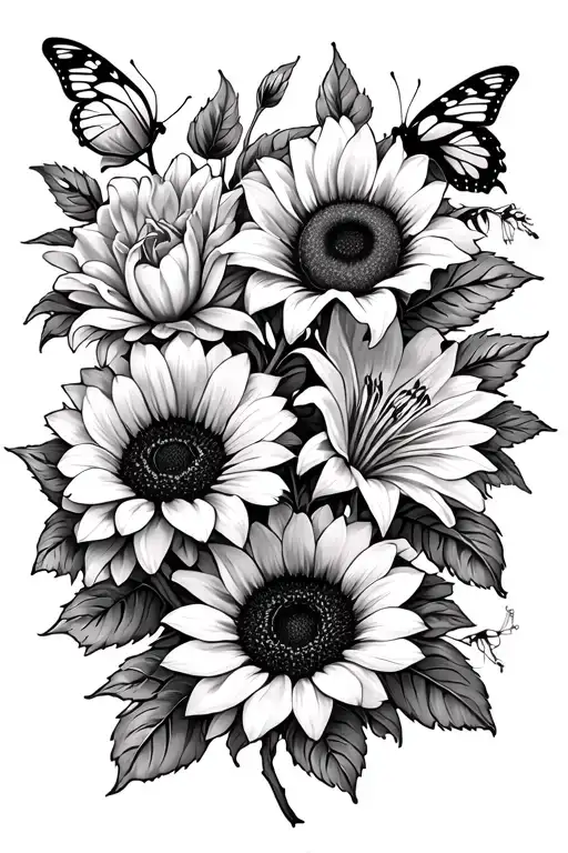 Various Flowers Sunflowers Rose Lily And Butterflies Fineline Pfingsrose