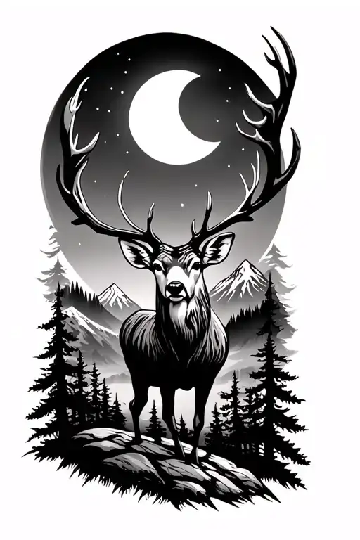 Deer Tattoo In The Forest With A Lingering Moon And Mountains Behind