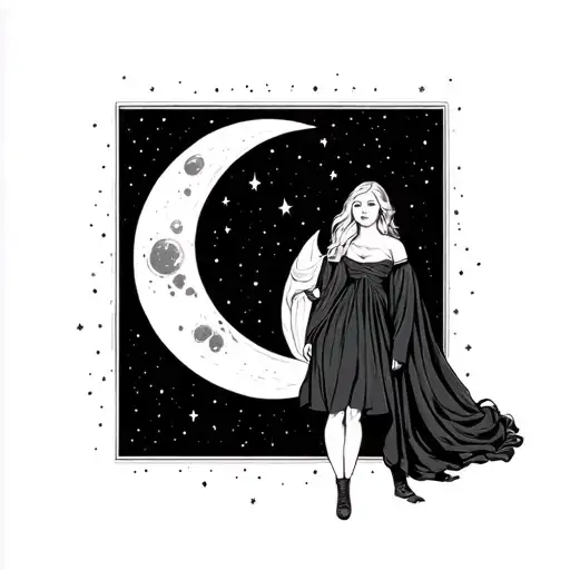 Realistic Women Standing Moon Surrounded Stars