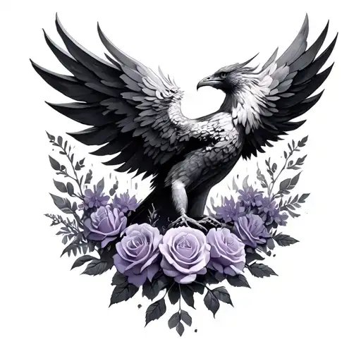 Phoenix Rising From The Ashes Surrounded With Roses And Lilac Flowers