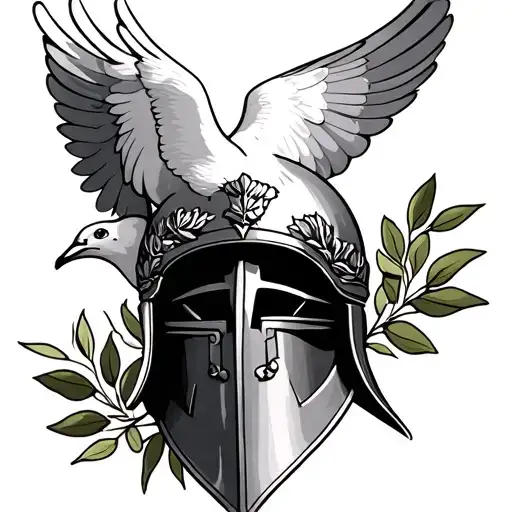 Dove With Olive Branch Overlaid With A Roman Helmet
