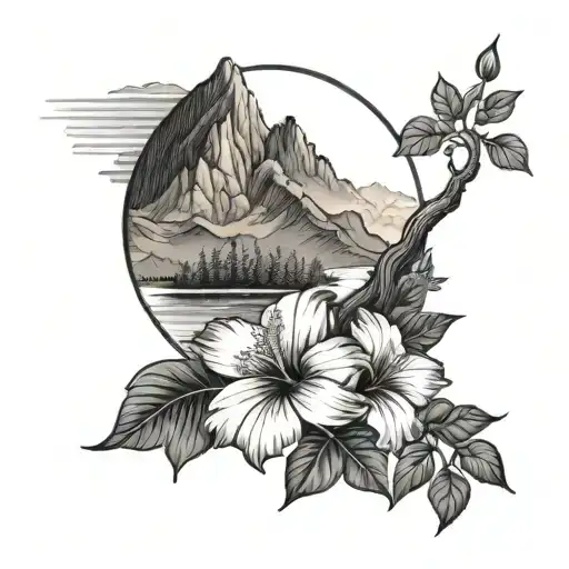 A Scenic Mountain Landscape With A Winding River And A Hibiscus Flower Blooming At The Forefront