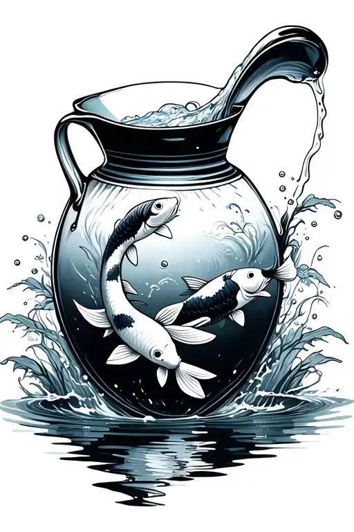 Aquarius Jug Pouring Out Water Into Koi Fish Swimming
