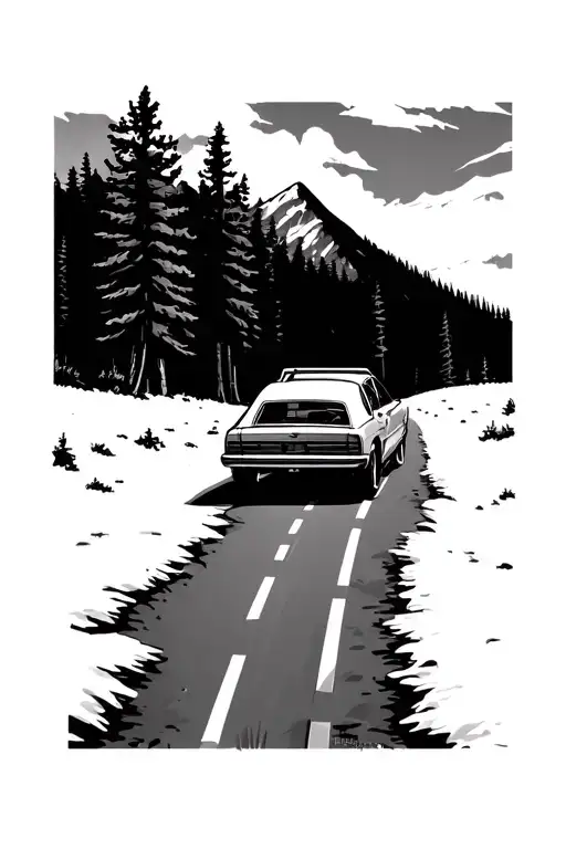 Road With A Car Driving In The Woods Towards The Mountains