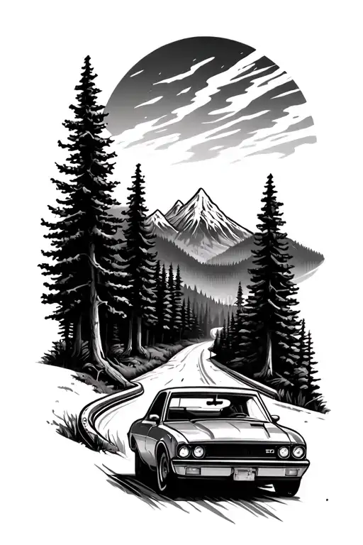 Road With A Car Driving In The Woods Towards The Mountains