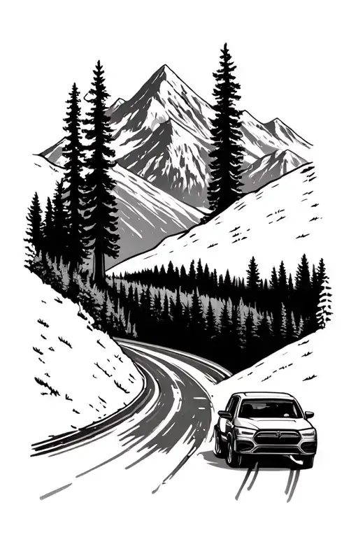 Road With A Car Driving In The Woods Towards The Mountains