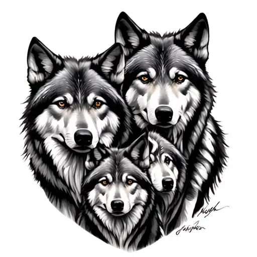 Family Of 4 Wolfes In The Nature