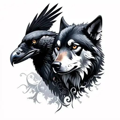 Two Ravens And A Wolf