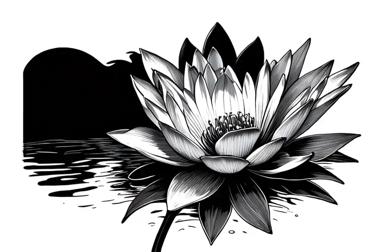 Water Lily Poppy Inside A Sun Fine Line Style