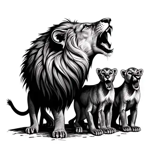 Roaring Lion In Front Of 4 Cubs