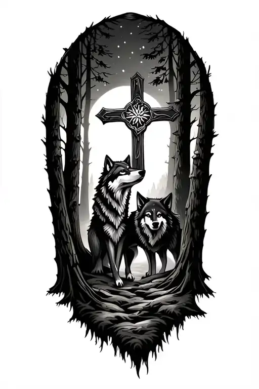 Wolf And Cross In Forest At Night Sky