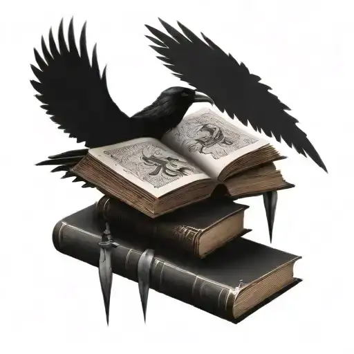 A Mystical Sword Emerging From A Book Surrounded By Flying Ravens