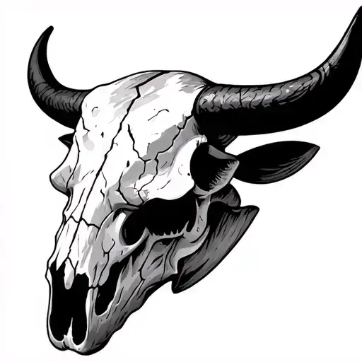 Bull Skull Black And White With Shading And A Couple Of Fractures Through The Scull